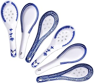Ensemble de 6 cuillères à soupe chinoises en céramique bleue et blanche