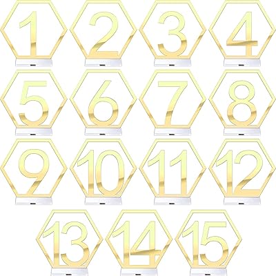15 pièces numéros de table 1-15 numéros de table en acrylique de mariage demi-hexagone creux supports de réception avec base de support pour les décorations de fête de mariage (or). Notre boutique en ligne généraliste DIAYTAR COTE D'IVOIRE offre une sélection incroyable de produits pour hommes, femmes et enfants, ainsi que pour la maison et le jardin. Nous nous efforçons de vous fournir les meilleures marques et les dernières tendances à des prix défiant toute concurrence.