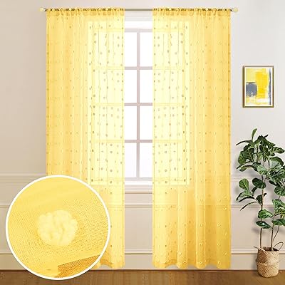 Rideaux transparents à pompons jaunes à pois 38" x 84" l
