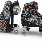 Chaussures de skate en microfibre imprimé noir et blanc double rangée 4 roues