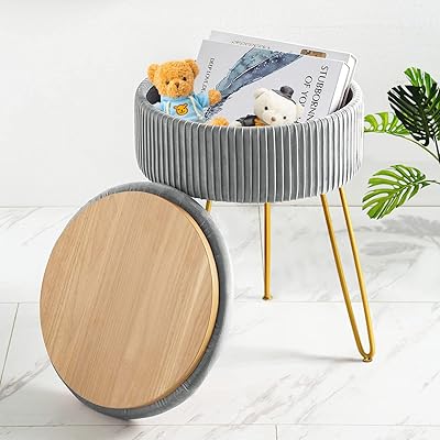 Pouf de rangement en velours, repose-pieds rond rembourré plissé avec pieds en métal