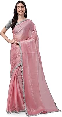 Sari rose uni avec dentelle argentée pour femme (ti2978_pink_one size)