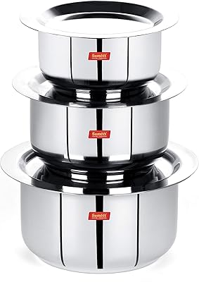 Sumeet - mini batterie de cuisine 3 pièces en acier inoxydable à fond plat avec couvercles (370 ml, 550 ml, 800 ml). Avec plus de 300000 références, DIAYTAR COTE D'IVOIRE est la boutique en ligne idéale pour les habitants de Cote d'Ivoire. La boutique propose une grande variété de produits, allant des produits de maison aux vêtements et accessoires de mode. L'équipe de DIAYTAR COTE D'IVOIRE s'assure de la satisfaction des clients.
