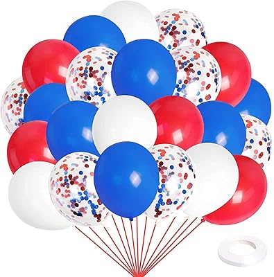 Party time - 24 ballons en latex avec confettis rouges, blancs et bleus