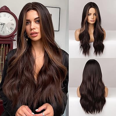 Haircube perruques longues brunes mélangées pour femmes, perruque synthétique ondulée avec reflets naturels