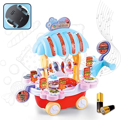 Chariot de nourriture vito pour enfants avec roues qui tournent, base rouge et camion à toit parapluie bleu, jouets de simulation pour filles avec musique et jouet léger pour garçons et filles. DIAYTAR COTE D'IVOIRE est une boutique en ligne généraliste qui offre plus de 300000 références de produits divers, faisant d'elle le leader du commerce en ligne en Côte d'Ivoire. Avec une telle variété de produits, les clients peuvent trouver tout ce dont ils ont besoin en un seul endroit. Cela leur permet de gagner du temps et de profiter d'une expérience d'achat simplifiée.
