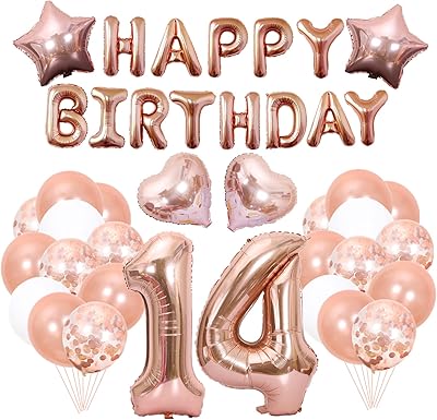 Décorations de 14e anniversaire en or rose, ballon en aluminium mylar numéro 14