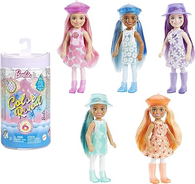 Poupée barbie chelsea color reveal avec 6 surprises, série sunshine and sprinkles