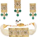 Mangtika, ensemble boucles d'oreilles et collier parsemés de perles, kundan et perles vertes