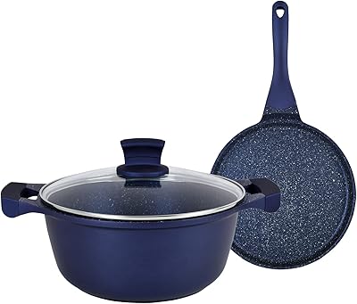Batterie de cuisine wansour en fonte d'aluminium granit longue durée, 3 pièces, bleu