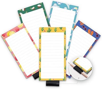 Paquet de 5 blocs-notes magnétiques pour réfrigérateur avec porte-stylo, bloc-notes à dos entièrement