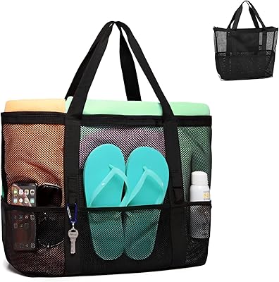 Sac de plage en maille, sac de plage pliable léger avec fermeture éclair