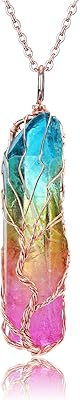Arbre de vie plaqué titane, quartz arc-en-ciel, pendentif en cristal de chakra, fil