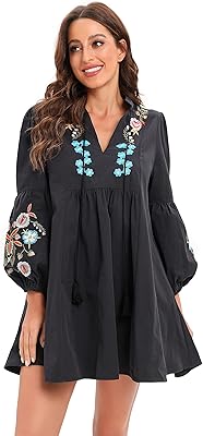 Mini robe ample en velours brodée de fleurs à manches longues, robe