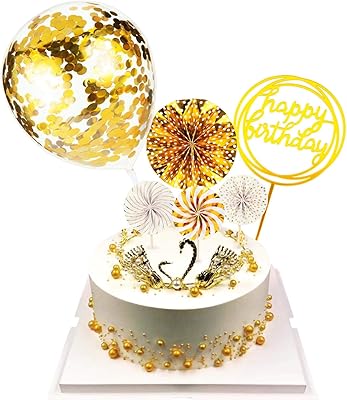 Ensemble de décoration de gâteau joyeux anniversaire, éventail en papier confettis et ballon