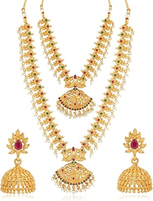 Ensemble collier haram long classique en perles plaquées or pour femme (skr70419), rose