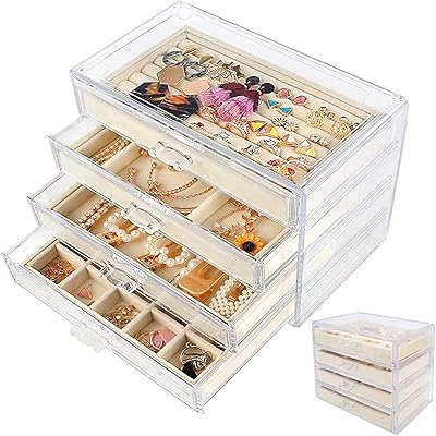 Boîte à bijoux ro, boîte à bijoux en acrylique avec 4 tiroirs, vitrine