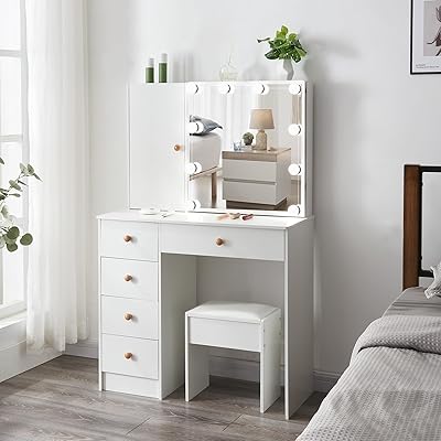 Coiffeuse moderne avec miroir éclairé et 10 lumières led, coiffeuse avec 5 tiroirs