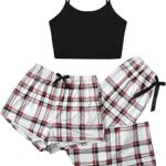 Ensemble pyjama 3 pièces à carreaux, short et short pour femme
