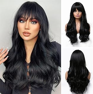 Perruques arabes longues ondulées avec frange cheveux synthétiques bouclés et ondulés naturels