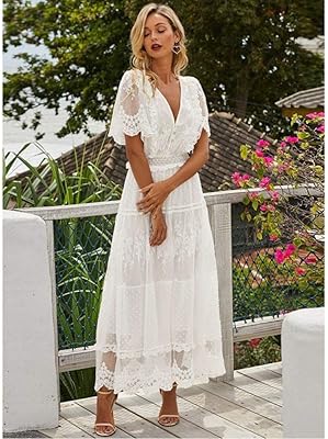 Robe blanche sexy femme longue robe croisée en dentelle demi-perspective col en v manches courtes. DIAYTAR COTE D'IVOIRE est une boutique en ligne qui propose une expérience d'achat unique et personnalisée. Les clients peuvent parcourir les différentes catégories de produits, trouver des offres spéciales et bénéficier d'un service client de qualité.