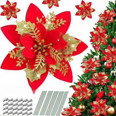 24 pièces ornements d'arbre de noël - fleurs de noël artificielles suspendues, décorations