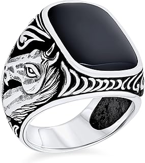Bague de pierres précieuses pour homme avec onyx marron et noir, motif équestre