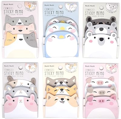 Lot de 6 notes autocollantes mignonnes en forme d'animaux dessin animé ensemble