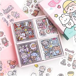 100 feuilles d'autocollants kawaii imperméables, mignons, transparents, personnages de dessins animés, animaux, fleurs