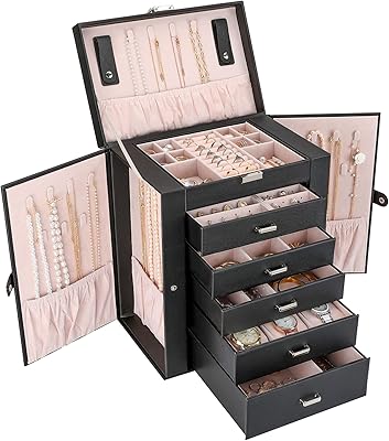 Procisse grande boîte de rangement de bijoux pour femmes et filles, étui de rangement à 6 niveaux avec tiroirs et séparateurs pour boucles d'oreilles, colliers, bagues, bracelets et montres - noir. DIAYTAR COTE D'IVOIRE est une boutique en ligne généraliste qui propose plus de 300 000 références de produits, faisant d'elle la boutique leader en Côte d'Ivoire. Elle offre une large sélection de produits pour répondre aux besoins de ses clients. Avec sa plateforme en ligne, DIAYTAR facilite l'accès aux produits de qualité à des prix compétitifs.