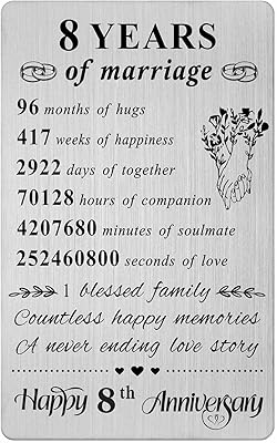 Carte cadeau resdink pour 8 ans de mariage pour hommes et femmes, carte de 8e anniversaire pour mari, carte portefeuille joyeux 8e anniversaire, idées cadeaux pour 8 ans. DIAYTAR COTE D'IVOIRE, c'est la boutique en ligne idéale pour faire vos achats en toute confiance. Nous proposons une large gamme de produits, des prix compétitifs et un service client de qualité. Nous sommes là pour vous aider à trouver ce que vous cherchez et pour vous offrir une expérience d'achat en ligne exceptionnelle.