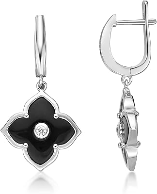 Boucles d'oreilles pendantes en forme de fleur d'onyx noir pour femmes avec zircones