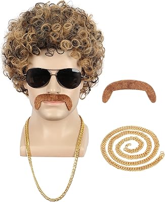 Perruque africaine courte bouclée, perruque avec sac disco, années 60 70 avec moustache
