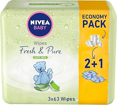 Lingettes humides nivea fresh & pure baby à l'aloe vera, sans alcool, 3×63 lingettes. La boutique en ligne généraliste DIAYTAR COTE D'IVOIRE propose une large gamme de produits avec plus de 300 000 références, répondant ainsi aux besoins de tous les consommateurs en Cote d'Ivoire.