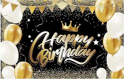 Bannière de joyeux anniversaire noir et or pour hommes et femmes, fournitures