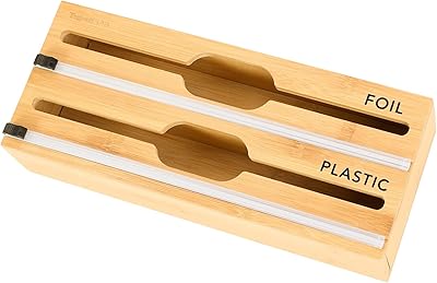 Distributeur d'emballages en plastique en bambou 2 en 1 avec coupe-diapositive et étiquettes