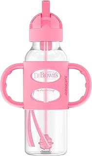 Bouteille avec paille anti-déversement dr. brown's avec poignées en silicone, rose, 236 ml