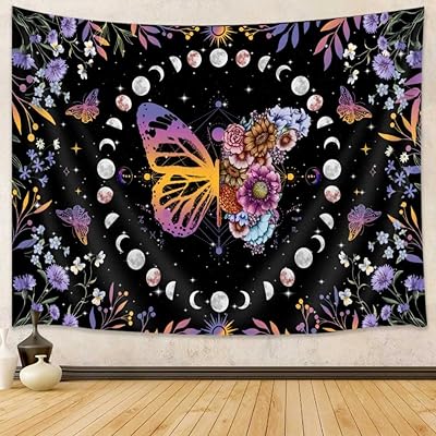 Tapisserie murale papillon, tapisserie de jardin lune, tenture murale de fleurs, vintage noir