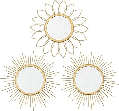 3 miroirs muraux dorés, miroirs muraux en métal sunburst, décoration d'intérieur, décoration murale
