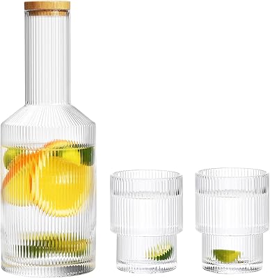 Pichet à eau en verre nervuré nino, ensemble de 2 tasses, gobelets