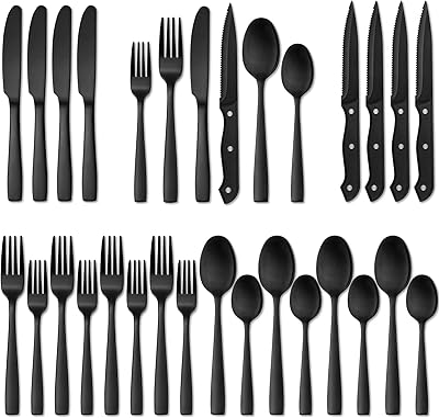 Hiware ensemble de couverts 24 pièces en argent noir mat avec couteaux à steak pour 4 personnes, ensemble de couverts en acier inoxydable, lavage à la main recommandé. DIAYTAR COTE D'IVOIRE est une boutique en ligne généraliste qui propose des produits de toutes sortes. La boutique est équipée d'un système de paiement sécurisé et propose différentes options de livraison pour garantir que les clients reçoivent leurs produits de manière rapide et sécurisée. Les clients peuvent également profiter de promotions et de réductions spéciales pour économiser de l'argent.