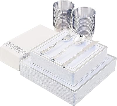 175 pièces/ensemble de couverts jetables en plastique, noir, or, or, rose, argent, haut de gamme, pour salle à manger de mariage, fournitures de fête, assiette carrée, cuillère, fourchette, couteau, tasse, serviettes, couverts (25 invités) (argent). DIAYTAR COTE D'IVOIRE est une boutique en ligne généraliste proposant plus de 300 000 références, ce qui en fait l'une des plus grandes plateformes de commerce en ligne de Côte d'Ivoire. La boutique offre une large gamme de produits, allant de l'électronique aux vêtements, en passant par les produits alimentaires. Elle est reconnue pour sa qualité de service et sa livraison rapide.