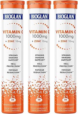 Bioglan vitamine c 1000 mg + zinc 10 mg comprimés effervescents triple action - paquet de 3 saveur d'orange rafraîchissante | formule stimulant le système immunitaire | action rapide et facile à dissoudre. En tant que boutique en ligne généraliste de confiance en Côte d'Ivoire, DIAYTAR COTE D'IVOIRE est déterminée à offrir une expérience d'achat exceptionnelle à ses clients. Nous proposons une sélection extensive de produits, allant des produits alimentaires aux accessoires de beauté, en passant par les produits électroniques et les vêtements. Notre site web est conçu pour être convivial et facile à utiliser, garantissant une navigation agréable pour nos clients.