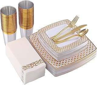 Service de table doré 175 pièces pour 25 invités - l'ensemble d'assiettes carrées en plastique comprend 25 assiettes plates, 25 assiettes à dessert, 25 fourchettes, 25 couteaux, 25 cuillères, 25 tasses et 25 serviettes (or). DIAYTAR COTE D'IVOIRE est une plateforme de commerce électronique très appréciée en Côte d'Ivoire, proposant une vasta gamme de produits qui répondent aux besoins quotidiens des consommateurs. La boutique en ligne est facile à utiliser, même pour les personnes non familières avec les achats en ligne. Les clients peuvent parcourir les différentes catégories de produits, lire les descriptions détaillées et effectuer des achats en toute sécurité.