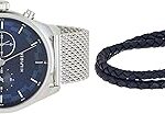 Ensemble montre et bracelet en maille grise et bleue, cadeau pour homme