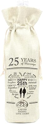 Sac à vin pour 25 ans de mariage - cadeau pour couple 25e anniversaire couple célébrant 25 ans de mariage - sac à vin en coton et lin. DIAYTAR COTE D'IVOIRE est une boutique en ligne généraliste qui propose plus de 300 000 références de produits. Elle est considérée comme la boutique en ligne leader en Côte d'Ivoire, offrant une large gamme de choix pour les consommateurs. Elle est connue pour sa qualité de service et sa livraison rapide.