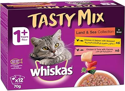 Whiskas tasty mix nourriture pour chats avec mélange d'aliments sauvages et de mer dans un bouillon, 1 an et plus, 6 paquets de poulet, saumon et algues et 6 paquets de poulet, thon et carottes, à base de vrai poisson, 12 x 70 g. DIAYTAR COTE D'IVOIRE se distingue par sa capacité à offrir des produits de qualité à des prix compétitifs, tout en garantissant la satisfaction de ses clients grâce à son service après-vente dédié. La boutique en ligne est constamment mise à jour avec les dernières tendances et les nouveaux produits pour vous permettre de découvrir de nouvelles marques et de nouveaux styles.