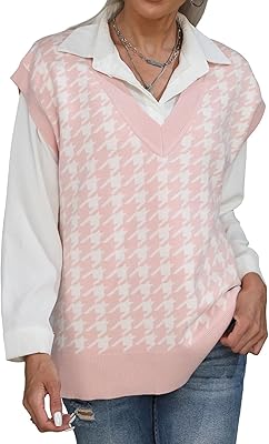 Pull tricoté pied-de-poule sans manches à col en v surdimensionné pour femme