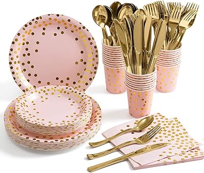 175 pièces de fournitures de fête en or rose vaisselle de fête couteaux