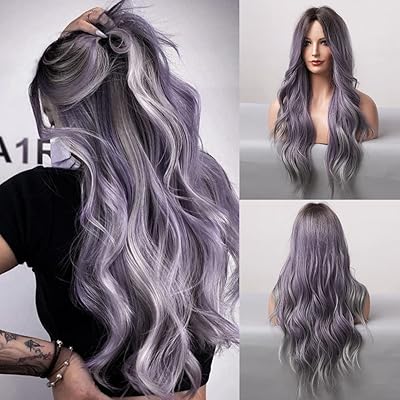 Perruque violette pour femmes, perruque synthétique longue ondulée avec raie centrale, perruque